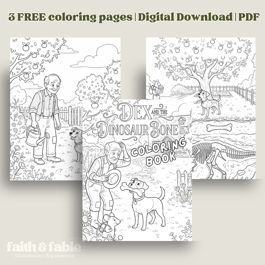 3 free Dex and the Dinosaur Bone coloring pages digital download PDF