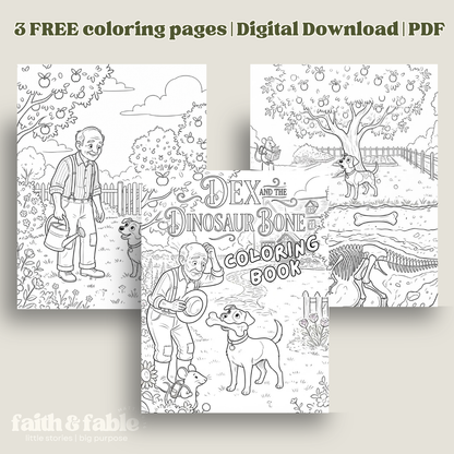 3 free Dex and the Dinosaur Bone coloring pages digital download PDF